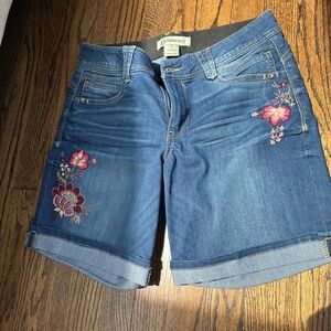 Democracy Blue Jean Shorts with Cuffed Hem and Embroidery